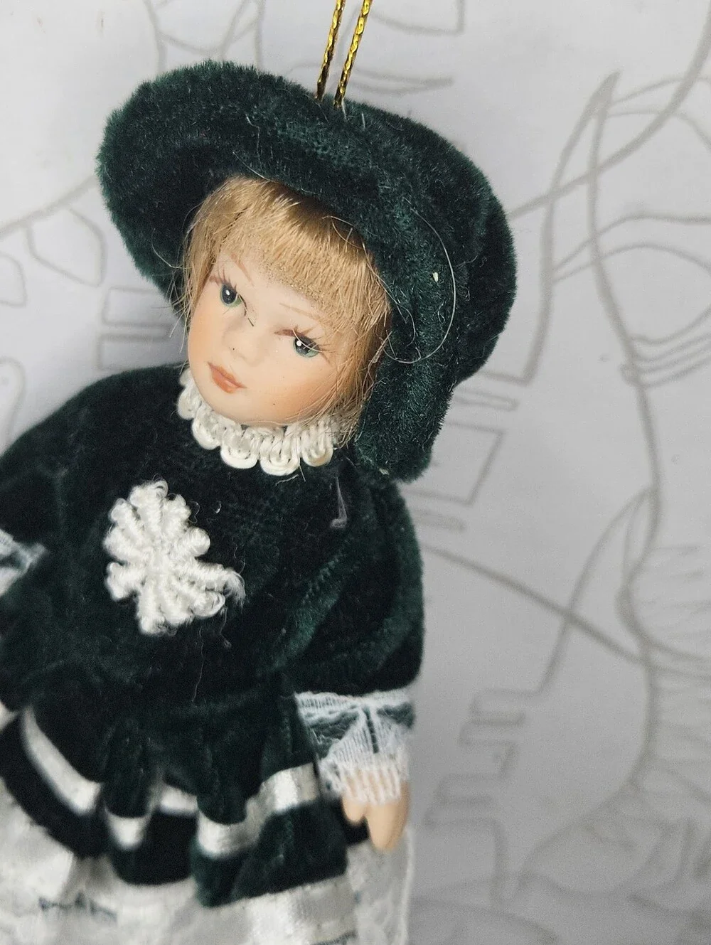 Vntg Victorian Porcelain Doll Christmas Ornament Green Velvet Dress Lace Holiday
